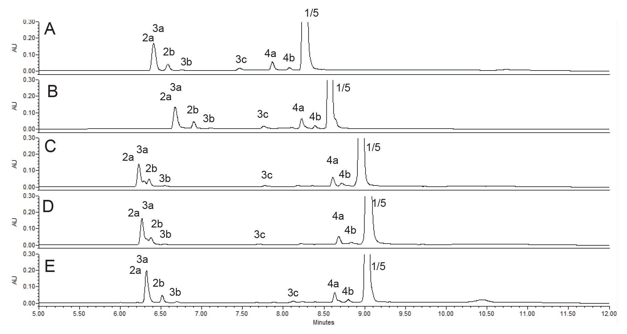 Analysis of the daraxonrasib forced degradation sample with methanol as the strong solvent; peak identification shown in Figure 2. A) ACQUITY Premier BEH C18 Column, B) ACQUITY Premier CSH C18 Column, C) ACQUITY Premier BEH Phenyl Column, D) ACQUITY Premier CSH Phenyl-Hexyl Column, E) Atlantis Premier BEH C18 AX Column