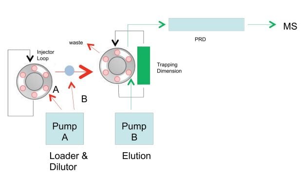 Time de-coupled chromatography set in 2D mode with at-column dilution.