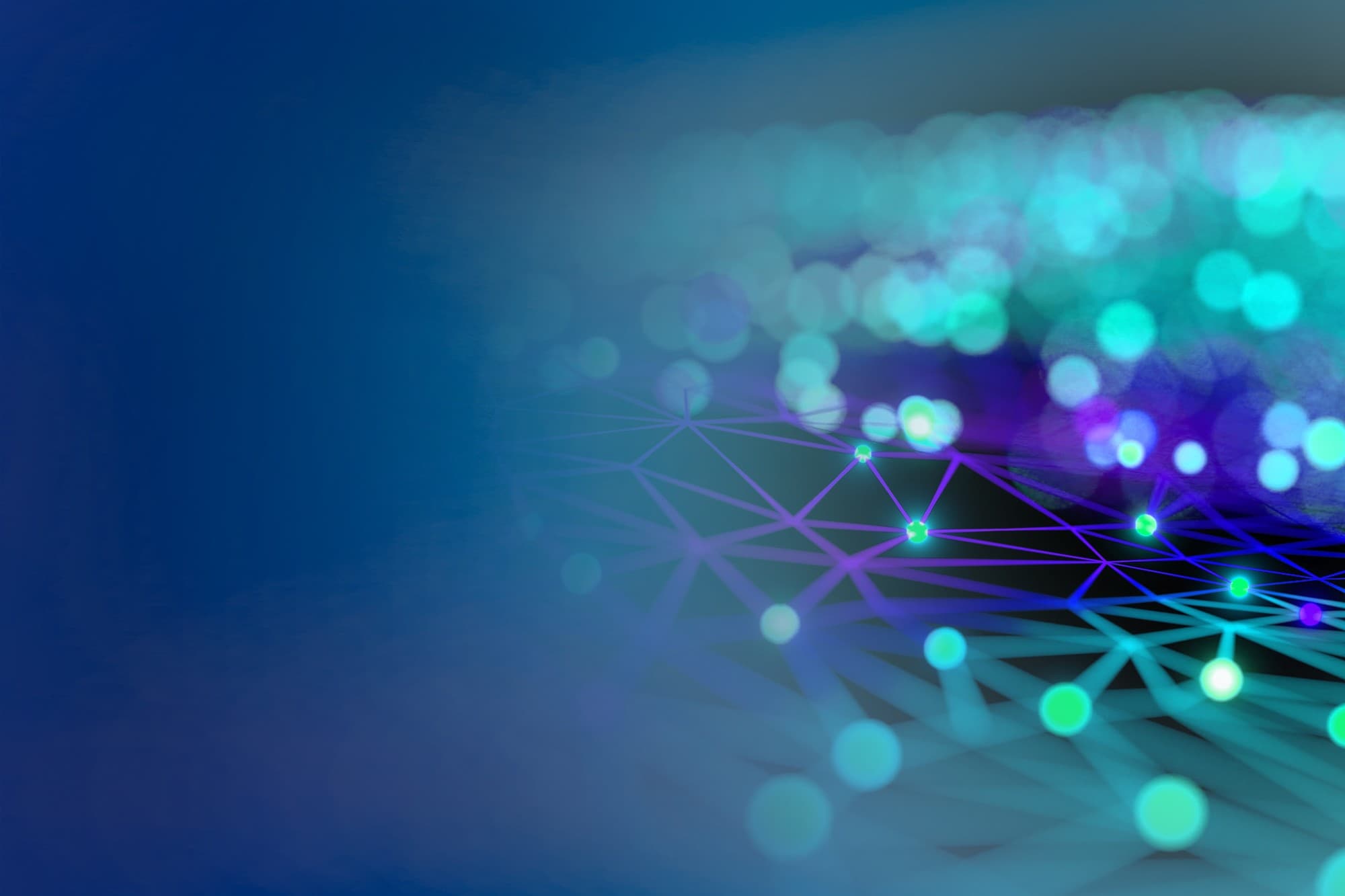 Glowing teal and purple plexus on black background with blue and teal gradient on the left