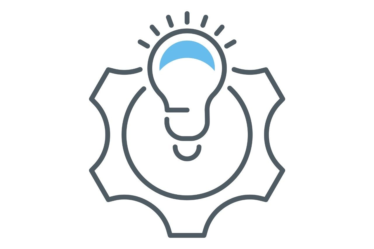line drawing with a light bulb and a gear