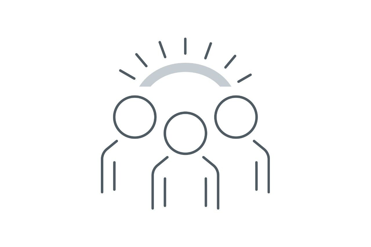 Line drawing of three people standing together with rays in an arc above their head