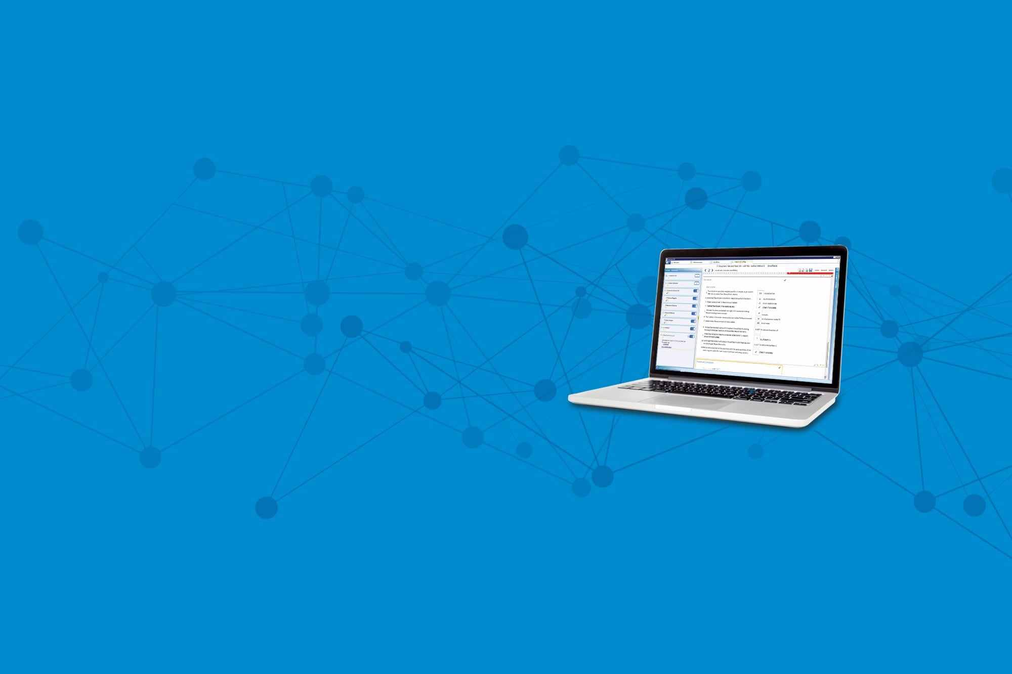 Computer portatile con il software NuGenesis LMS sopra il design blu del plesso