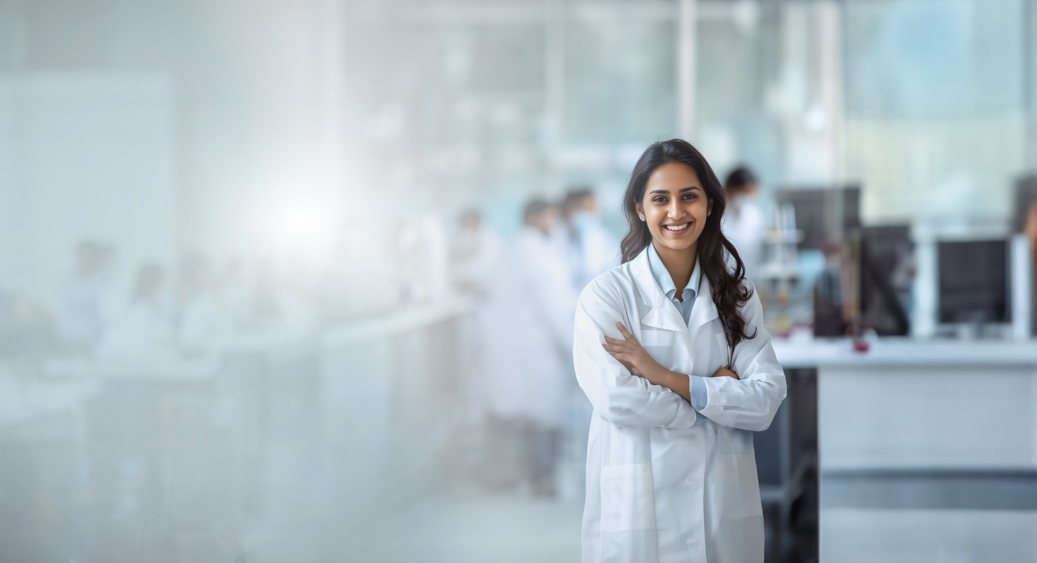 Scienziata che sorride davanti a un laboratorio affollato