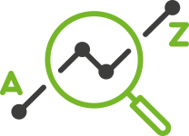 Magnifying glass on top of a plot point graph with the letter A on one side and Z on the other
