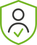 Green shield icon with person inside with a checkmark