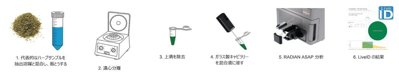 サンプルの乾燥および粉砕したハーブ材料から最終結果までの分析ワークフローステップ