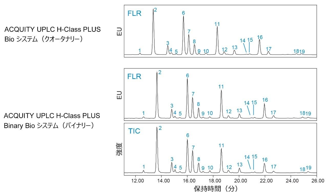 ACQUITY UPLC Glycan BEH Amide カラムでの遊離糖鎖の HILIC。