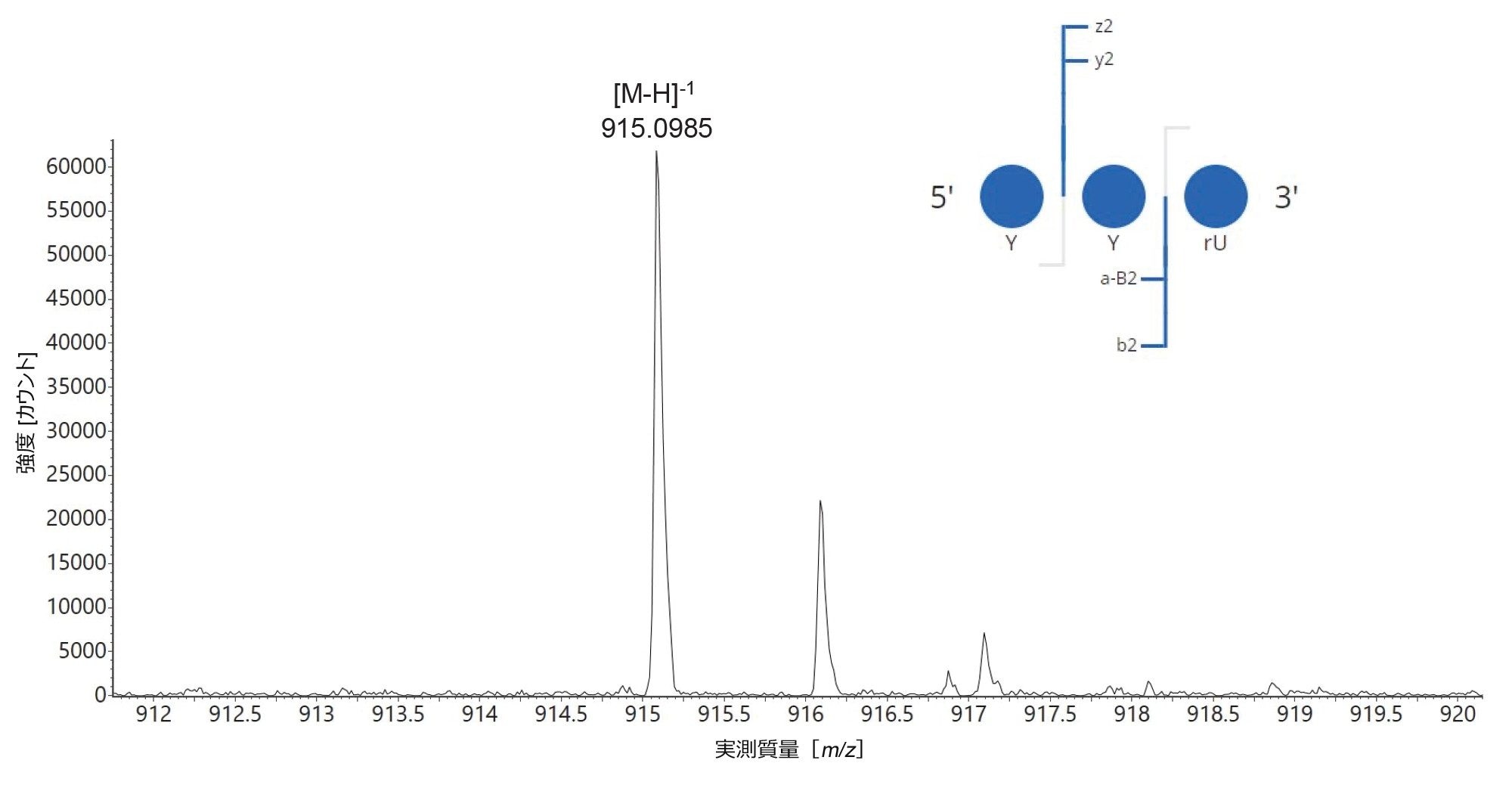 修飾された sgRNA の RapiZyme MC1 消化で検出されたトリヌクレオチド YYC の一価イオンの同位体分布