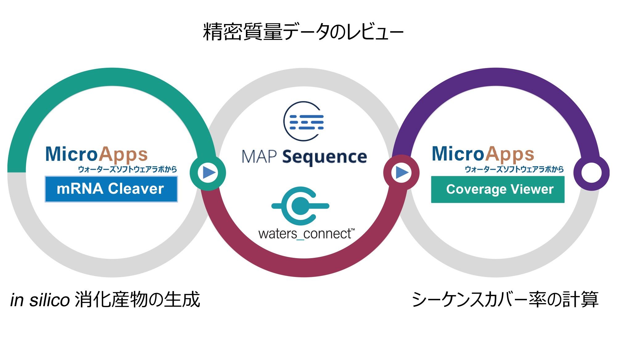 mRNA Cleaver MicroApp、MAP Sequence アプリ、Coverage Viewer MicroApp を使用した sgRNA/mRNA 消化物の LC-MSE 解析用に導入したワークフローを示す簡単な図