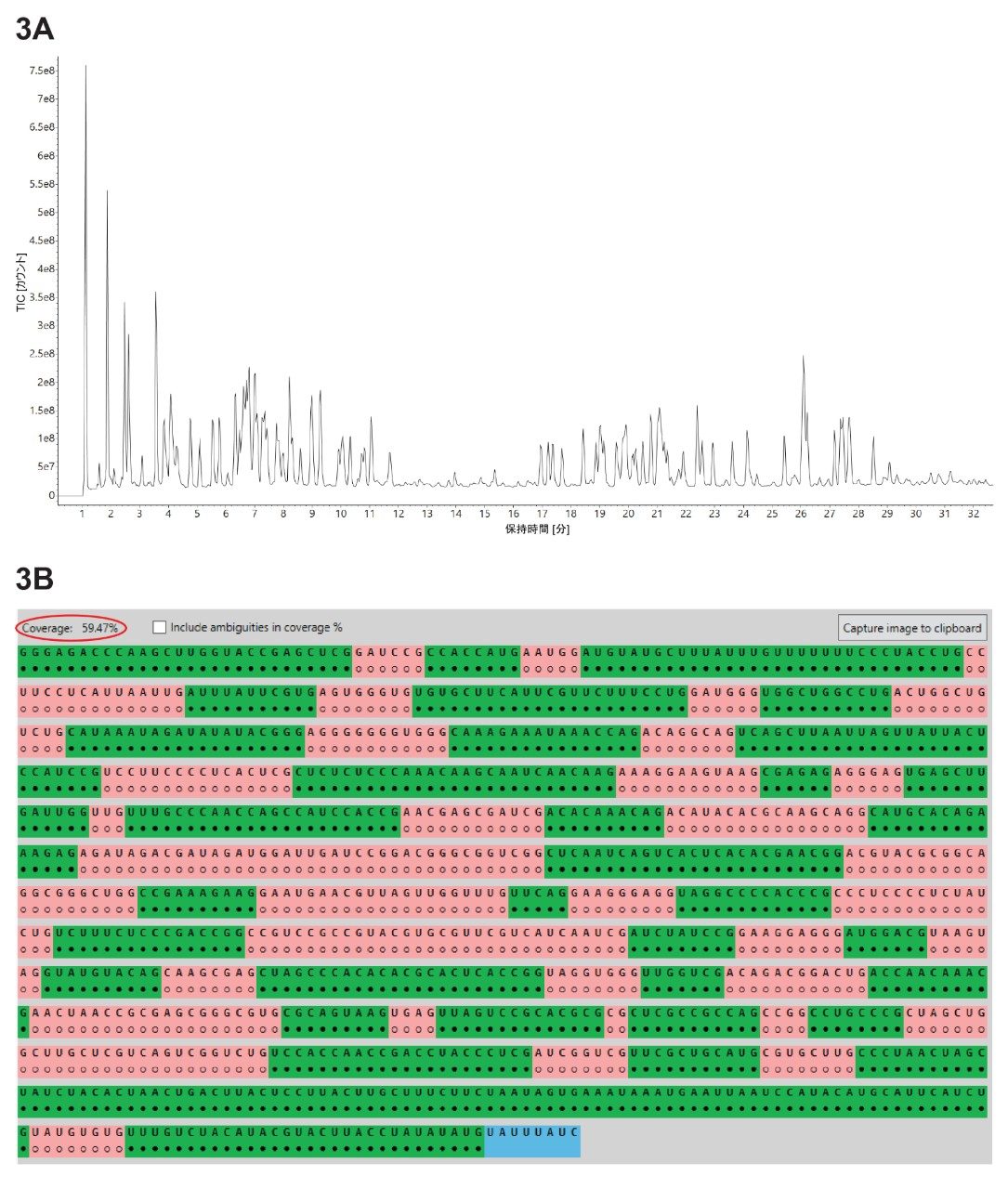 （A）RNase T1 で消化された GFP mRNA について記録された TIC クロマトグラム。（B）Coverage Viewer MicroAppの結果