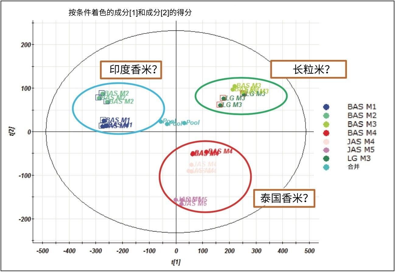 大米样品PCA分析得分图。
