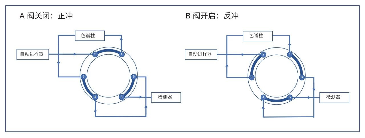简化版阀配置示意图，展示了沃特世二位六通切换阀的配置。