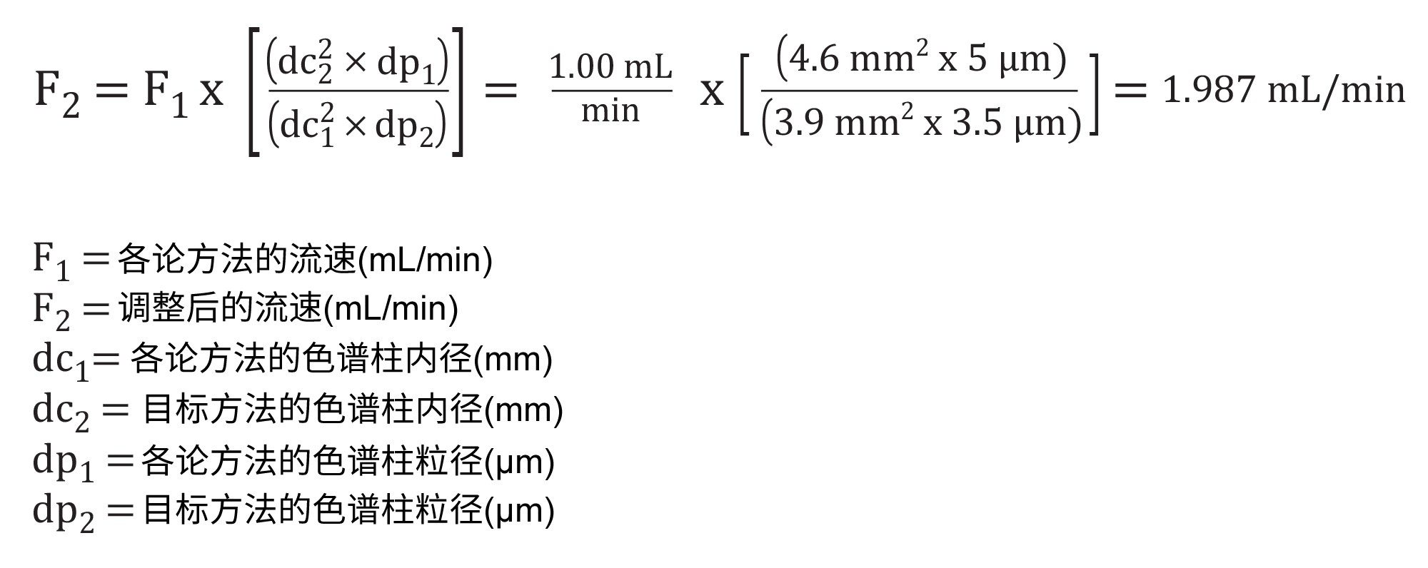 各论色谱柱和4.6 x 100 mm, 3.5 µm色谱柱的流速调整