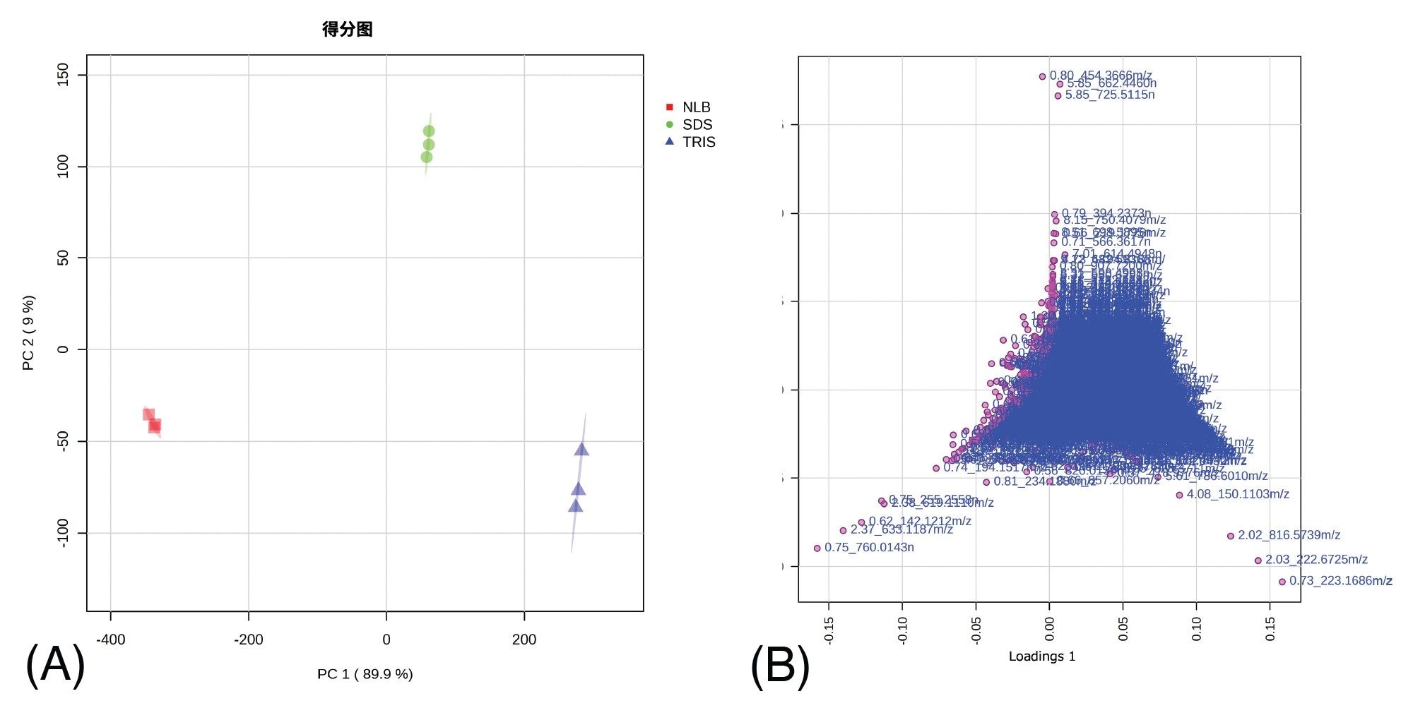 三种不同提取缓冲液的无监督PCA (ESI+)脂质组学图，包括三个技术重复样（NLB = 红色方块，SDS = 绿色圆圈，TRIS = 蓝色三角形）(A)及其对应的Loadings plot (B)