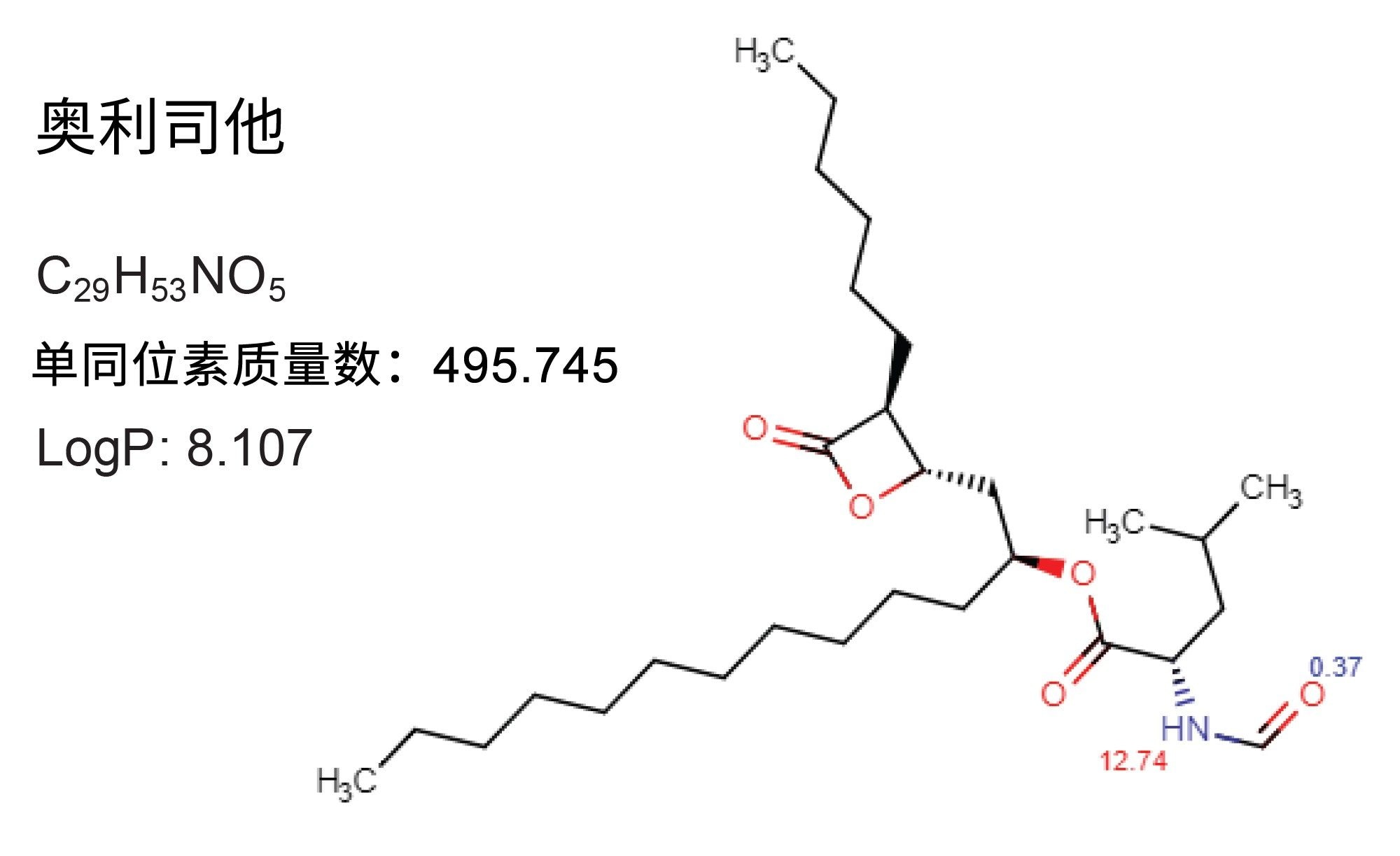 奥利司他的化学结构，图中标注了pKa值、logP、单同位素质量数和化学式