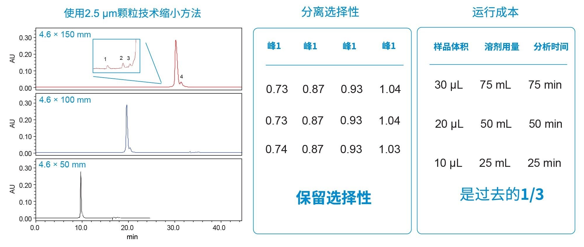 使用2.5 µm XBridge Premier BEH C18寡核苷酸分析专用柱观察柱长对GEM91分离的影响。分离选择性和运行成本见表